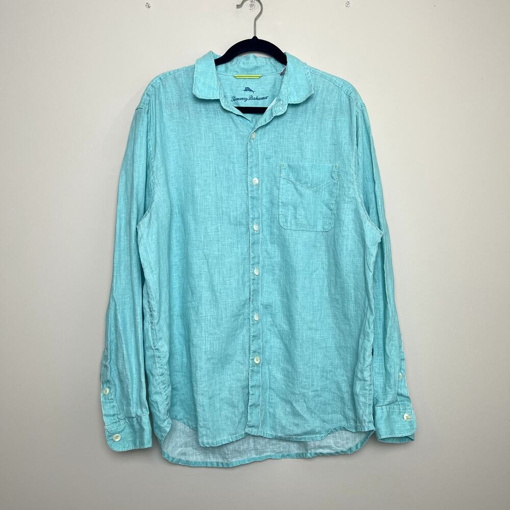 Tommy Bahama Blue Casual Beach‎ Linen Lagenlook Button Collared Men's Shirt Sz L